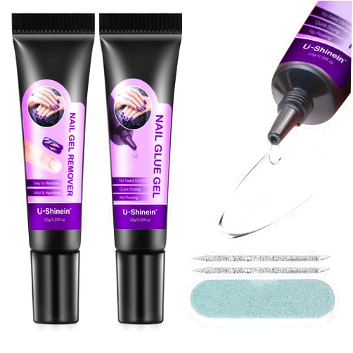 U-Shinein Solid Nail Glue Gel, 10s Quickly Dry Nail Glue Gel for Press On Nails with 10ml Gel Remover Sticks Nail File, Upgraded Super Strong No Need UV Lamp Solid Adhesion Nail Gel Long Lasting 10g