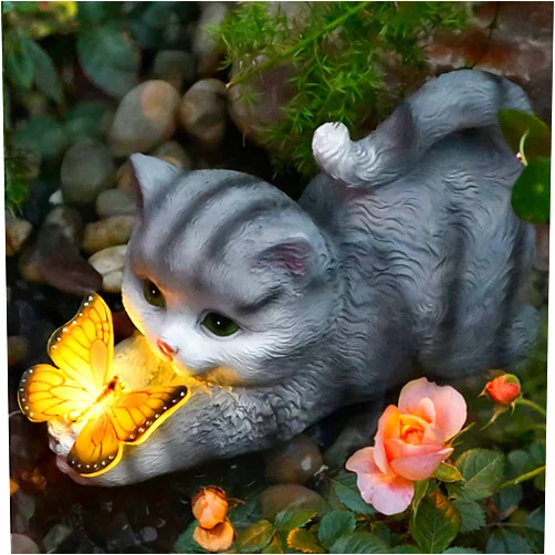 HYwecy Solar Garden Statue Cat,Garden Figurine Outdoor Decoration with Cat Holding Butterfly for Yard,Patio,Lawn Art Decoration,Housewarming Gift