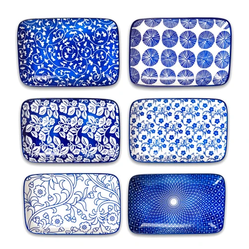 Selamica Ceramic 8 inch Rectangular Salad Plates, Dinner Plates, Pasta Dessert Plates for Appetizer, Sushi, Fruit - Microwave/oven/Dishwasher Safe, Set of 6, Vintage Blue