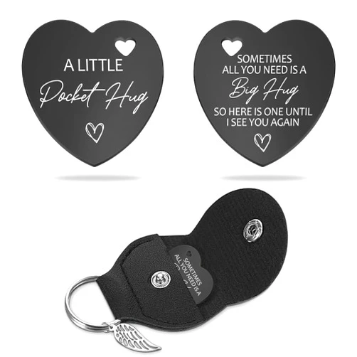 Lasimfa Pocket Hug All You Need Is A Big Hug Black Stainless Steel Double-Sided Heart Shaped Token with Leather Bag Sentimental Keepsake Gift for Women Men Daughter Son Sister