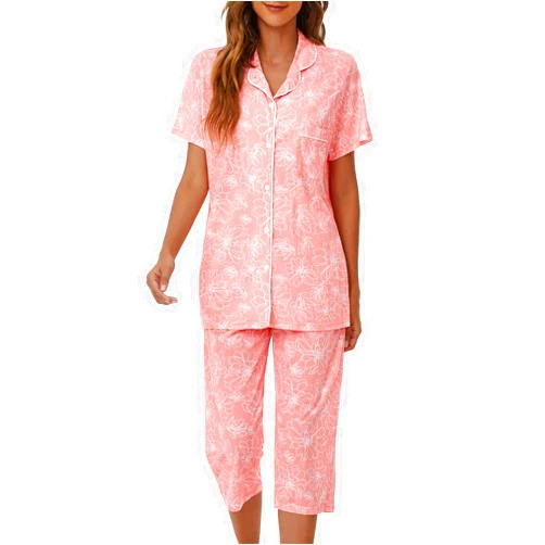 Tugege Capri Pajamas Set Womens Button Down Short Sleeve Lounge Sets Sleepwear Notch Collar Top & Capri 2 Piece PJ Sets