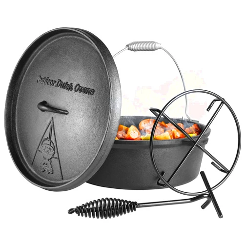 LIFERUN Dutch Oven Pot with Lid, 12 Quart Cast Iron Dutch Oven, without Feet, with Stand & Spiral-shaped Handle, Cast Iron Pot for Outdoor & Indoor, black