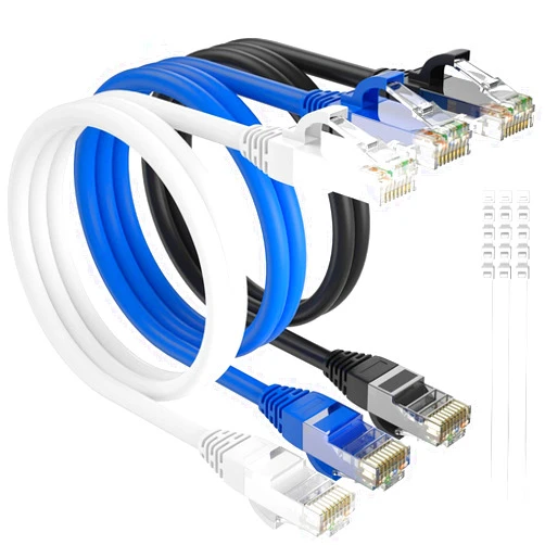 Adoreen Cat 6 Ethernet Cable 12 Ft-3 Pack,High Speed Short Patch Cables Network Cables, Soft Flexible Cat6 RJ45 LAN Internet Cable Cord Faster Than Cat 5e 5 Cable+15 Ties-Black+White+Blue