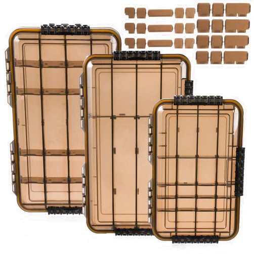 Noamus 3 Pack Fishing Tackle Boxes, 3600 3700 Tray Storage Box, Waterproof Plastic Container with Adjustable Divider, Tea-Colored Floating Snackle Lure Organizer for Saltwater Freshwater(3 Size)