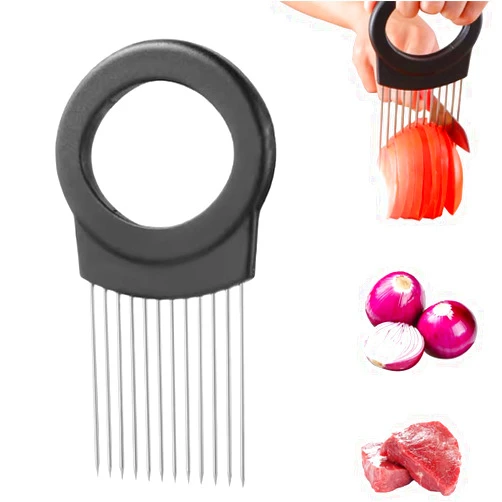 Leiteea Stainless Steel Onion Slice Holder, 2025 Upgrade Onion Holder for Slicing, Lemon Tomato Egg Slicer Meat Vegetable Chopper Cutter, Handy Easy Kitchen Gadgets Food Slicer Assistant Tool (1 PCS)