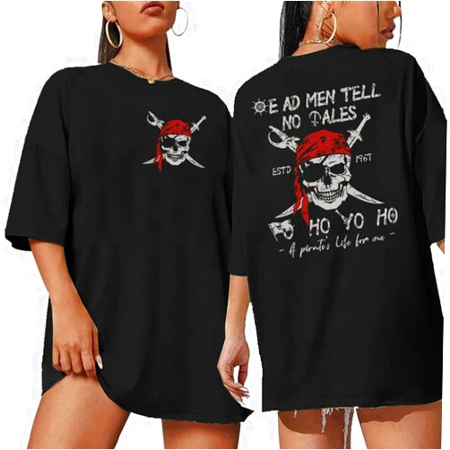 QIXYN Pirate Shirt Women Vintage Graphic Oversized Skeleton Shirt Funny Casual Skull Short Sleeve Top