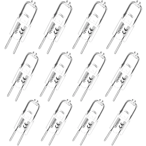 Haraqi 12 Pack GY6.35 Halogen Bulbs Bi-Pin 12 Volt 50 Watt, Replacement T4 Tubular JCD Type Bulbs for Ceiling Lights,Table Light,Cabinet Lights