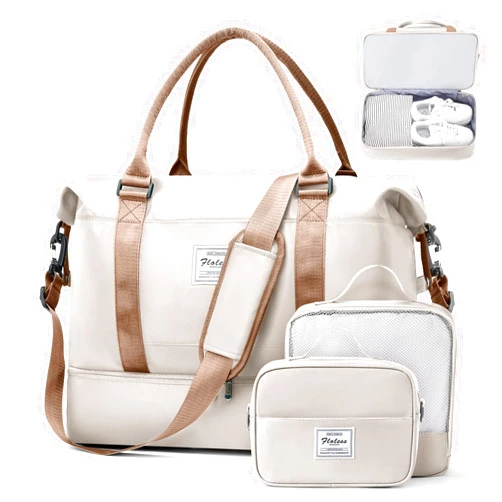 SUNMOP Weekender Bags for Women, Travel Duffel Bags with Shoe Compartment & Wet Pocket,Travel Bag for Airlines,Carry on Overnight Tote Bag for women with Toiletry Bag,3Pcs Set，Beige & Brown
