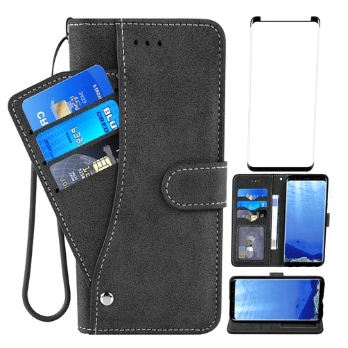 Asuwish Compatible with Samsung Galaxy S9 Plus Wallet Case and Tempered Glass Screen Protector Flip Cover Card Holder Cell Accessories Phone Cases for Glaxay S9+ 9S 9+ S 9 9plus S9plus Women Men Black