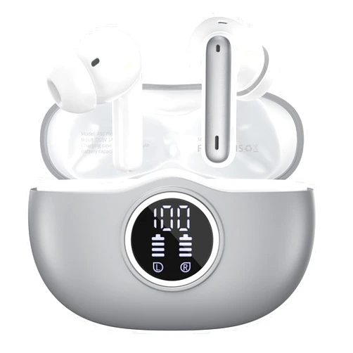 WHYKJTEK Wireless Earbuds Bluetooth 5.3 Headphones 40 Hrs Playtime with LED Display, Deep Bass Stereo and Noise Cancelling Bluetooth Ear Buds IP7 Waterproof Wireless Earphones for iPhone Android, Grey