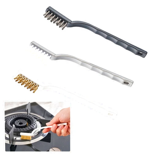 ORIJOYNA Set of 3 Kitchen Cleaning Scrub Brush Wire Brush (Stainless Steel + Brass+Nylon) Scrubber Brush for Range Hood Grease Grime Rust Cleaner Brush