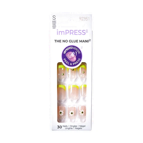 KISS imPRESS No Glue Mani 30 Pcs Press On Nails, Green French Tip with Flower Design, Squoval Shape, Simple Peel & Press Easy Apply, Hassel-Free Removal, Essential Tools Included