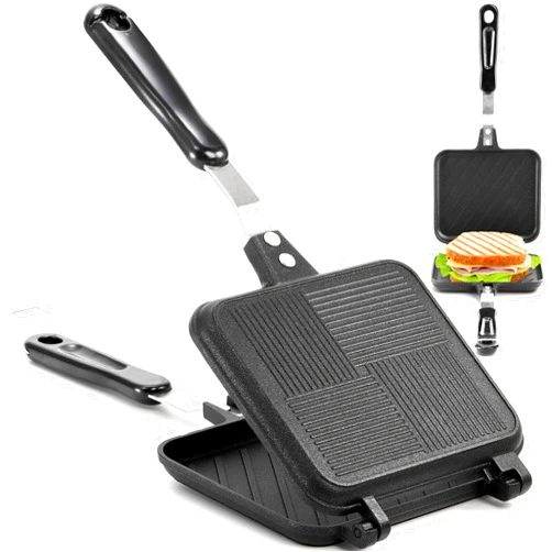 Elsjoy Non-Stick Hot Sandwich Panini Maker with Handle, Aluminum Double Sided Frying Pan Detachable Grilled Sandwich Flip Pan, Stovetop Toasted Sandwich Maker Pan for Home, Kitchen, Breakfast