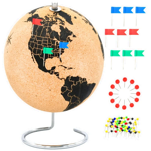 Vaudagio Beautiful Cork Globe with 102 Different Push Pins - Travel Globe 26cm / 10 inch High Push Pin Globe Made of Cork – Spinning Globe as Travel Map & Gift Idea for Globetrotters