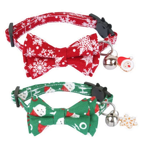 ADOGGYGO Christmas Cat Collars with Bowtie Bell, 2 Pack Adjustable Cat Collar with Removable Bow, Red Green Cat Christmas Collar for Kittens Cats (Christmas, 7.5