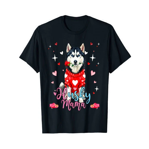 Husky Mom Valentine Apparel Cute Siberian Husky Mama Valentine Rose Dog Lover T-Shirt