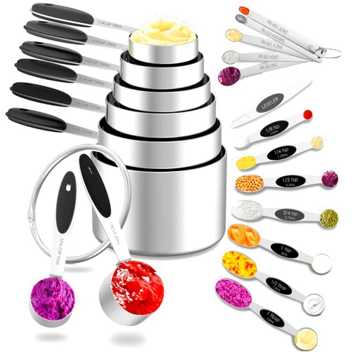 Minteem Measuring Cups and Magnetic Measuring Spoons Set, 8 Stainless Steel Measuring Cups with Easy to Read Markings, 8 Double Sided Stackable Measuring Spoons & 1 Leveler, 5 Mini Spoons, Black