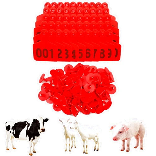 HHNIULI 100 Pieces Plastic Cattle Ear Tag, Numbered 001-100 Red Livestock Ear Tag for Cattle Cow Horse Pig Sheep Goat Farm Animal
