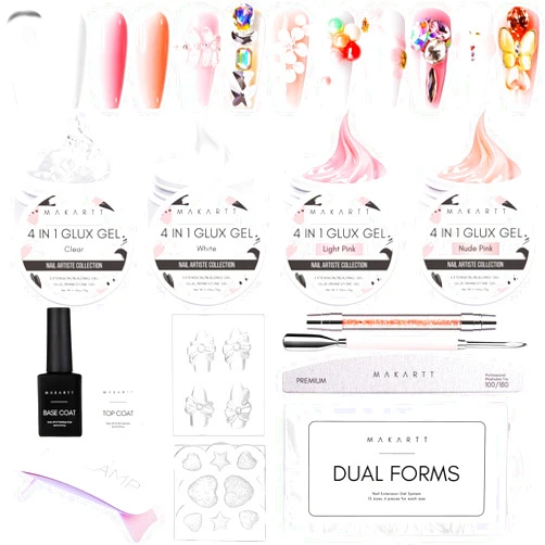 Makartt Solid Gel Builder Kit Non-Stick-Hand Nail Extension,All in One Hard Gel Nail Kit Base Top Coat UV LED Nail Lamp Nail File Dual Forms Gel Picker Cuticle Pusher Silicone Molds Sculpting Brush