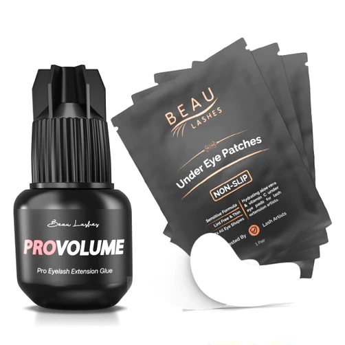 BEAU LASHES Super Strong Eyelash Extension Glue + 100 Pairs Under Eye Pads | Black Lash Adhesive for Long Lasting Semi Permanent Individual Lash Extensions | Lint Free Hydrogel Eye Patches | Vitamin C & Aloe Vera