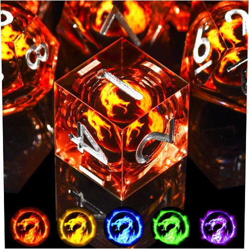 AUSTOR 7 Die DND Dice Set 7 Pieces Golden Flame Dragon Resin Dice Role Playing D and D Dice D20 D12 D10 D8 D6 D4 Sharp Edge Dungeons and Dragons Dice with Case