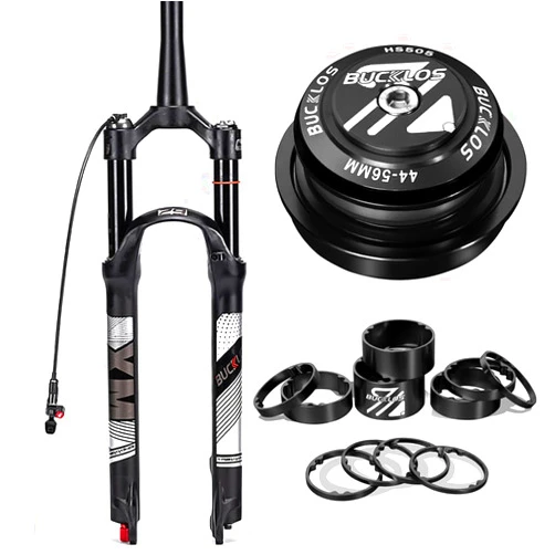 BUCKLOS 29inch MTB QR Tapered Remote Air Damping Suspesion Fork & 44-56mm Black Headset & 11PCS Aluminium Alloy Spacers Black