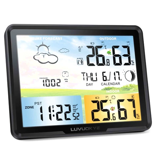 SUPOOBE YIQIAOHUI Weather Station Wireless Indoor Outdoor Thermometer, Color Display Digital Thermometer Humidity Monitor with Atomic Clock, Forecast Station with Calendar and Adjustable Backlight for Home