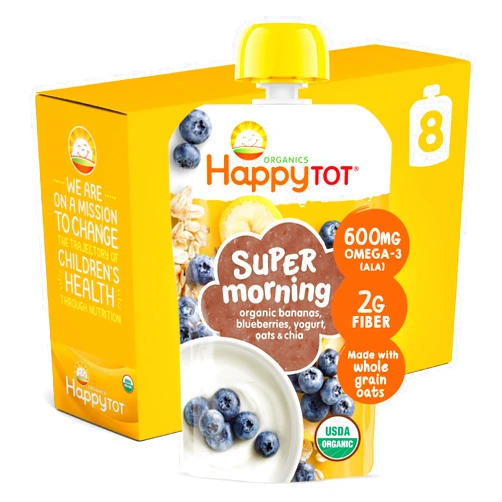 HAPPYTOT Happy Tot Organics Stage 4 Baby Food Pouches, Gluten Free, Super Morning Fruit & Oat Blend, Bananas, Blueberries, Yogurt, Oats & Chia, 4 Oz (Pack of 8)