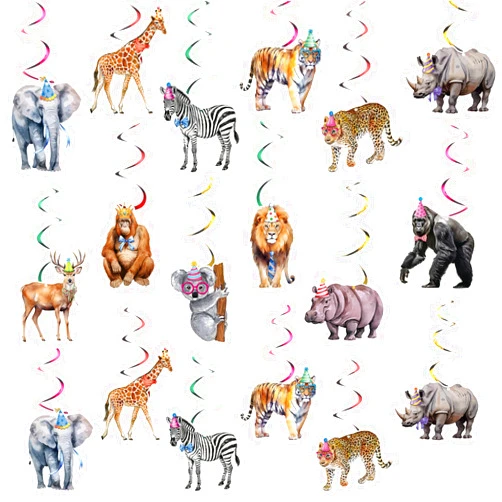 Wonderjune 24pcs Wild One Hanging Swirls Ceiling Streamers Decorations, Jungle Safari Animal Birthday Party Decorations Baby Shower Supplies