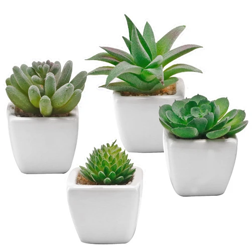 MyGift Mini Assorted Artificial Green Succulent Plants Potted in Square White Ceramic Planter Pots, Set of 4