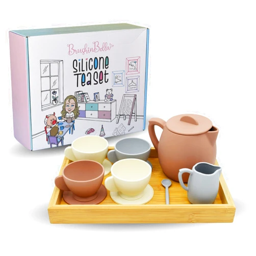 BrushinBella Silicone - 12-Piece Toddler Toy tea set - Safe Kids Play - Durable Toy Teapot, Creamer, Tea Cups - Dishwasher-Safe Mini- Cute tea party set for Toddlers