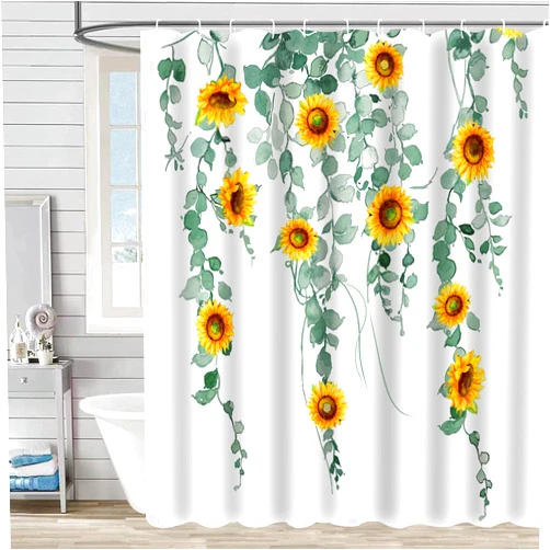 Desnice Sunflower Shower Curtain for Bathroom, Watercolor Plant Leaves Bathroom Decor Floral Leaves Shower Curtain Waterproof Fabric Shower Curtain Set with 12 Hooks 72”x72”
