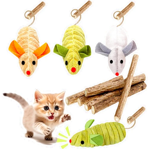 GREMBEB 9Pcs Cat Toys, 3X Squeak Mice Catnip Toys for Indoor Cat + 6X Silvervine Chew Stick Dental Chirping Mouse Plush Kitten Stuffed Toy Cleaning Teeth Matatabi Bite Interactive Cat Gifts Kitty Toy