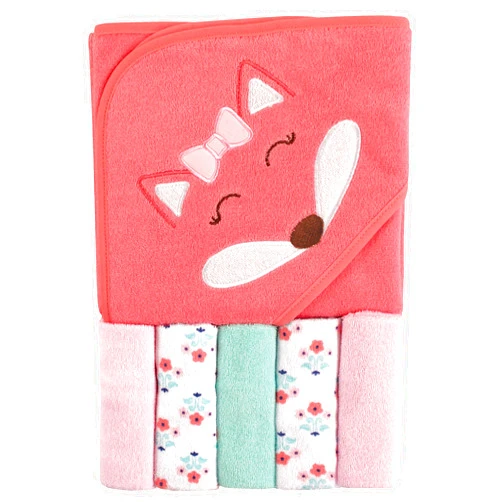 Luvable Friends Unisex Baby Hooded Towel with Five Washcloths, Cotton, Girl Fox, One Size