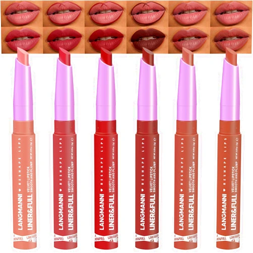 LANGMANNI 6Pcs 2-in-1 Velvet Matte Lipstick Set | All-in-One Lip Liner & Full-Size Lipstick in Unique Teardrop Shape,Gift For Women Makeup Set(#1+2+3+4+5+6)