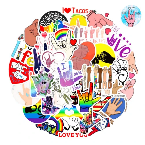 HJHLYYANM 100Pcs ASL Stickers Waterproof PVC American Sign Language Stickers Set Cute ASL Stickers for Water Bottle Bicycle Motorcycle Skateboard Laptop Decals Luggage YNparty