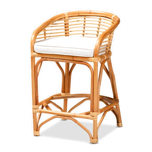 Baxton Studio bali & pari Maverick Modern Bohemian White Fabric Upholstered and Natural Rattan Counter Stool