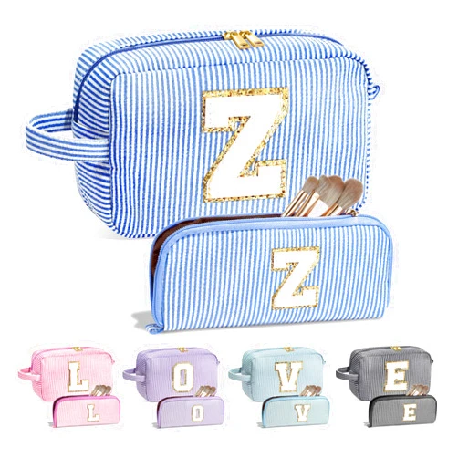 YOOLIFE Travel Makeup Bag for Women - Monogram Cute Initial Blue Makeup Bags Cosmetic Toiletry Pouch Make Up Case for Women Her Best Friend Sister Teacher, Personalized Birthday Gifts for Women Z