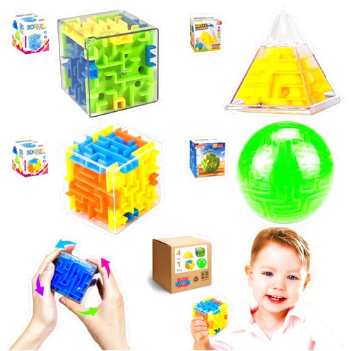 Generic OnlyGeniusMind 4in1 Puzzle Cubes Gift Set - 4 * 36 Challenges Big Sized 3D Maze, 3D Rolling Ball Maze, Pyramid Puzzle, Premium Brain Twister for Kids and Adults