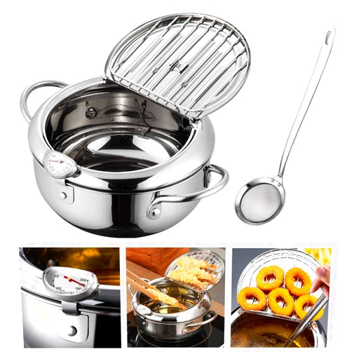 Hvanam Deep Fryer Pot With Oil Drop Tray Basket And Oil Thermometer Japanese-Style Tempura Small Mini Fryers, For The Home Fry Chicken, Chips, Fish And Shrimp(304 Stainless Steel 2.2L With Food mesh spoon) 8 Inch (2.2L)