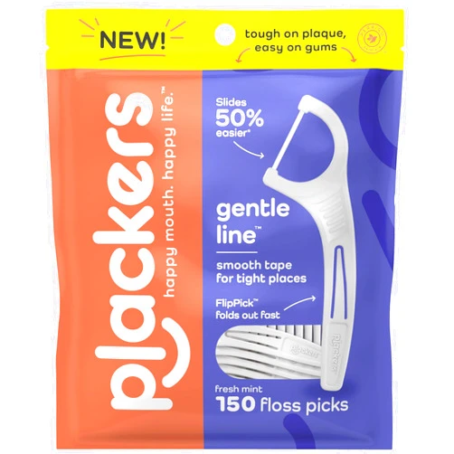 Plackers Gentle Line Floss Picks, Fresh Mint Flavor, Fold-Out FlipPick, QuickFix Grip, Easy Storage with Sure-Zip Seal, 150 Count