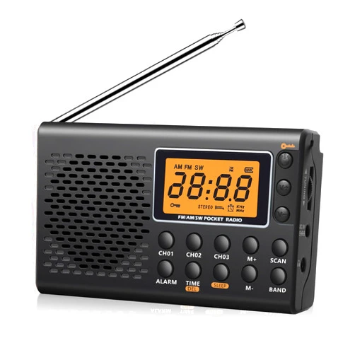 BaseWish Portable Full Band AM/FM/SW Radio with Telescopic Antenna, Digital Large LCD Display, Clock Radio with Alarm and Sleep Function, Earphones Included - Ideal for Elders, Batteries Operated (Black)