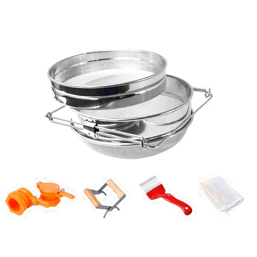BeeCastle Double Sieve Honey Harvesting Starter Kit| Honey Filters Strainer Stainless Steel Set of 6 -Double Sieve Honey Strainer,Frame Holder,2 Pack of Honey Gate,Uncapping Fork and Honey Filter Bag