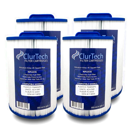 ClurTech FRX-6CH-940-4 Replacement 4 Pack Waterway Front Access Skimmer Aber Hot Tubs 45 Sq Ft Spa Filter Cartridge PWW50P3 6CH-940 FC-0359 817-0050, Pack of 4, White