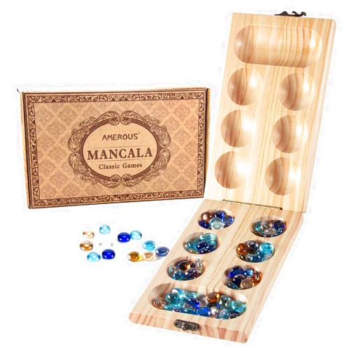 AMEROUS Wooden Mancala Board Game Set - Folding Board - 72+8 Bonus Multi Color Glass Stones - Gift Package - Mancale Instructions, Portable Travel Board Game for Kids and Adults