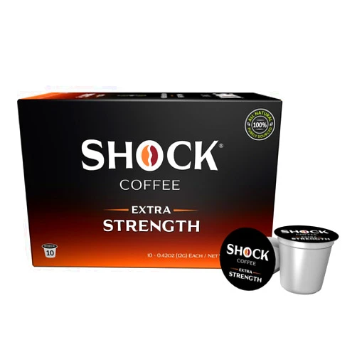 Shock Coffee Extra Strength Cups - Bold all Arabica Med-Dark Roast - Fresh Look - Richer Taste 10 count
