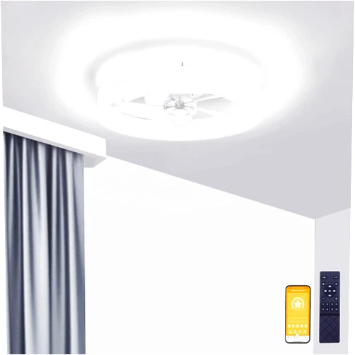 VOLISUN Low Profile Ceiling Fans with Lights and Remote, 19.7in Fandelier Ceiling Fan Flush Mount, 3000K-6500K Smart Bladeless LED Fan Light, White Modern Ceiling Fans with Lights for Bedroom