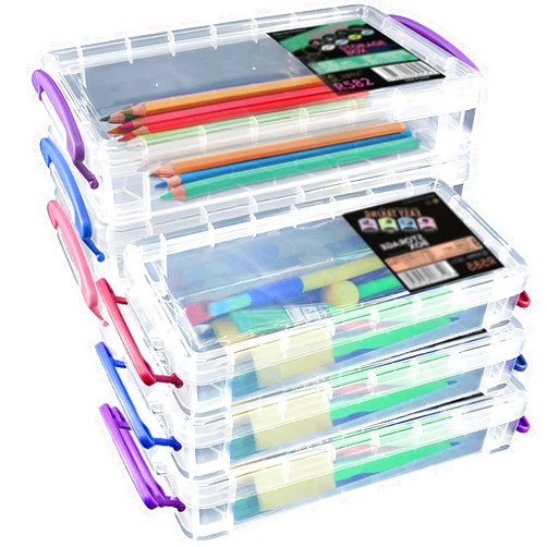 Odowalker 6 Pack Large Capacity Pencil Box with Buckles Office Supplies Storage Organizer Box Stackable Clear Pen Container Multipurpose Plastic Pencil Box for Gel Pens Erasers Drawing Tools etc