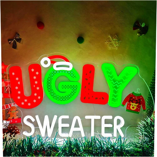 Dpaint Christmas Neon Sign Ugly Christmas Sweater Party Decoration Dimmable Red and Green Light Up Sign for Wall Decor Led Ugly Sweater Party Backdrop for Gift