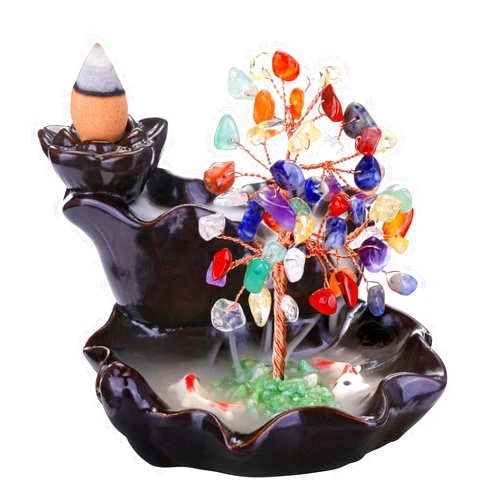 Top Plaza Backflow Incense Burner, Waterfall Burner Crystal Tree Ceramic Stick Incense Holder Burner for Meditation Yoga, Gemstone Incense Holder Aromatherapy Home Decoration-7 Chakra